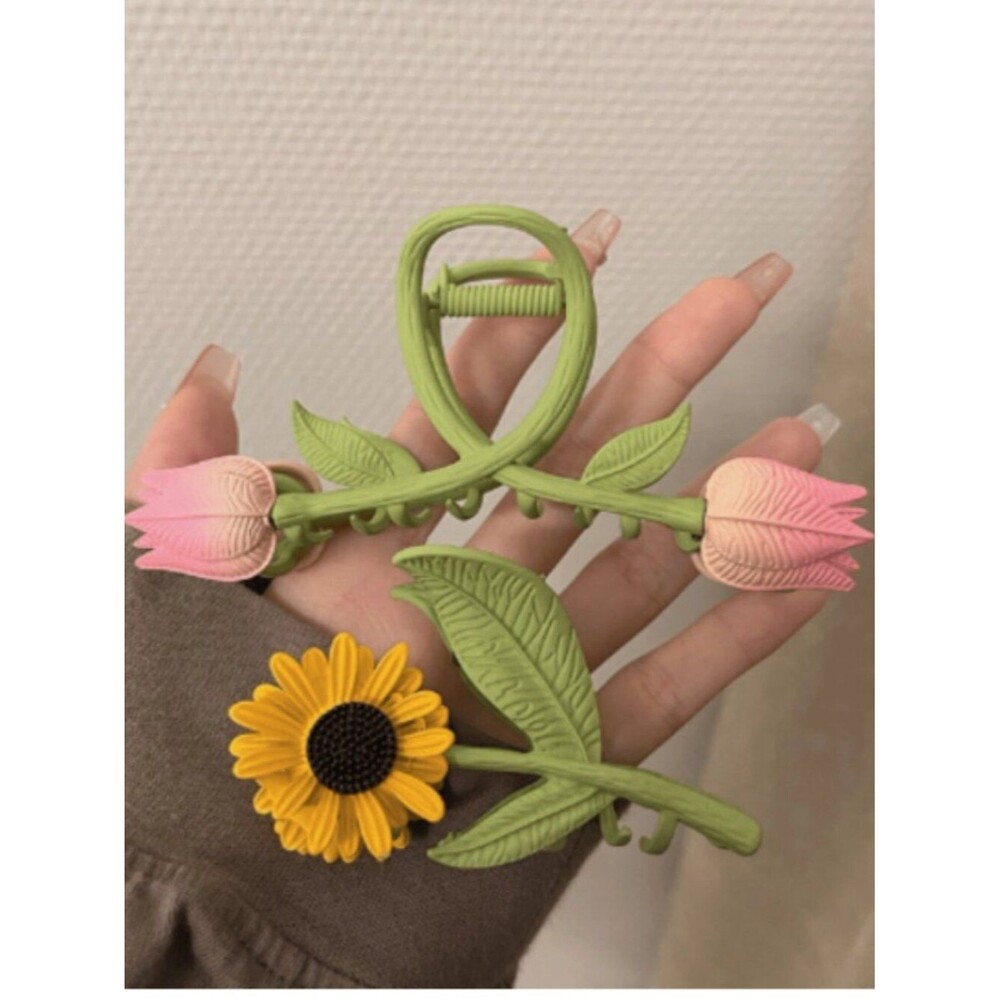 2pcs Bohemian Style Sunflower & Tulip Shaped Metal Painted Claw Hair Clip
